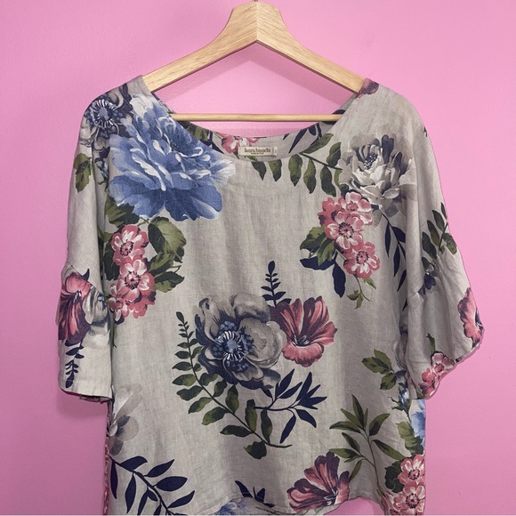 Laura Bianchi Blouse Women’s Size Medium Grey Floral Linen Flowy Oversized - Picture 3 of 7